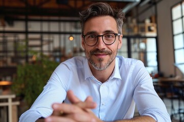 Happy Caucasian businessman in glasses talking to camera at work by video call conference. Financial advisor executive consulting client remotely online in modern office looking at camera.GenerativeAI