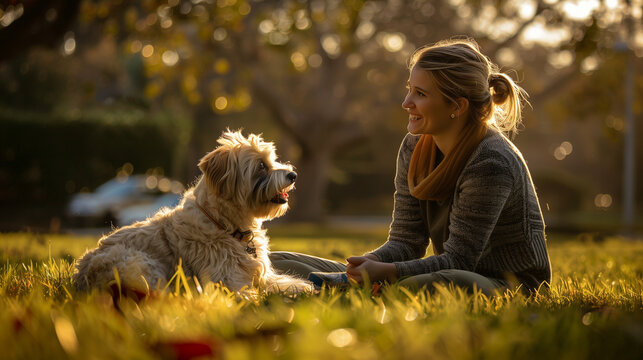 A young woman smiles broadly while interacting with her pet dog in the park, Ai generated Images