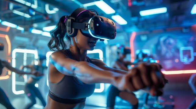 A woman wearing a virtual reality headset is engaged in a workout routine at a gym. The VR technology transports her to immersive environments while she exercises. - Powered by Adobe