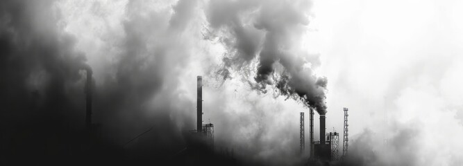 Factory emissions blend with nature, creating a smoky cloudscape in  sky, an industrial scene of power and pollution, where chimney smoke mingles with clouds, impacting the environment. - obrazy, fototapety, plakaty