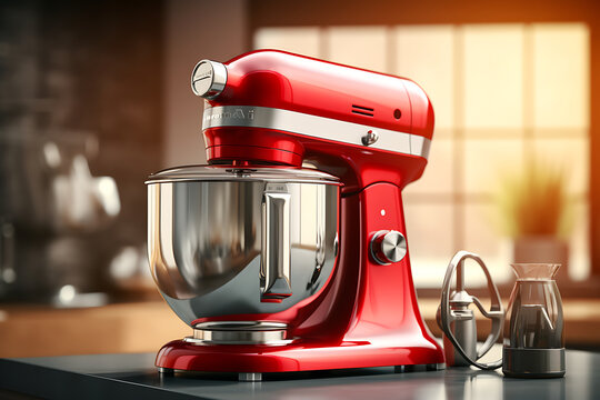 Modern red electric mixer on kitchen countertop. 3D Rendering