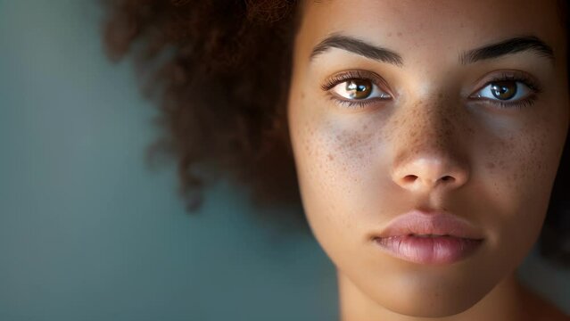 A young woman with a determined look standing up for her ethical principles despite facing opposition, Close Up of female With Blue Eyes Sparkling in the Light