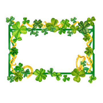 Watercolor vintage fantasy frame with hand drawn four leaf clover for St. Patrick's Day for good luck, for invitation card template, announcements, magic games, fairy tales, book titles, scrapbooking