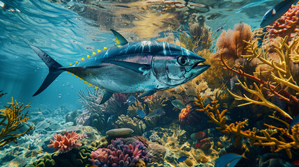 Fototapeta na wymiar Close-up image of tuna fish seen underwater, with beautiful coral reefs, Ai generated Images