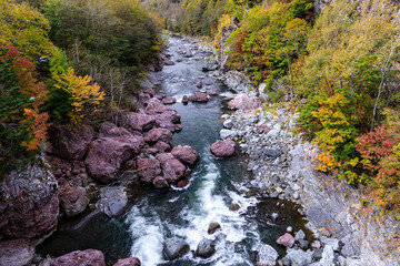 北海道占冠村、赤岩橋から眺めた秋の赤岩青巌峡【10月】