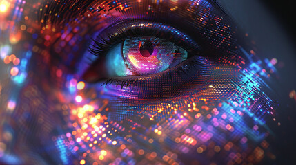 A close-up view of a holographic visage, with pixelated elements creating a mosaic of stunning artificial beauty