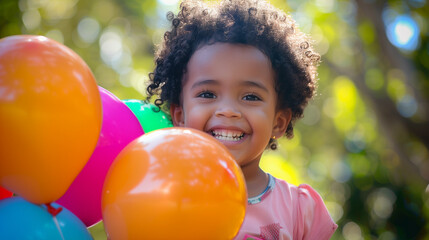 A small child smiles cheerfully while holding colorful balloons in the park, Ai generated Images