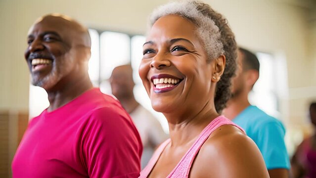 A group of retirees laughing together during their weekly Zumba class staying physically fit and preventing chronic diseases through regular exercise.