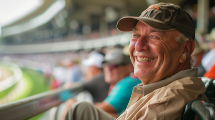 A man sits in the stands of the Kentucky Oaks with a bright smile on his face, while enjoying the incredible view of the horse race taking place before him, AI Generated Images - obrazy, fototapety, plakaty
