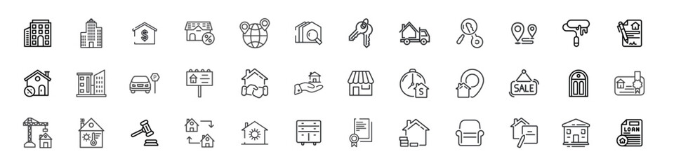 Real Estate line icons set. Real Estate outline 64 icons collection. Purchase and sale of housing, rental of premises, insurance, realty, property, mortgage, home loan