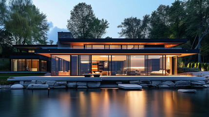 A contemporary house with large glass windows offering panoramic views of a lake, the exterior seamlessly blending with the water's edge and the surrounding nature. - obrazy, fototapety, plakaty