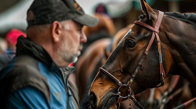 A horse racing fan looks at the details of his favorite horse in the paddock, AI Generated Images