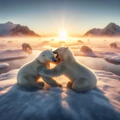 Fototapeten Two polar bears fight on cold ice sheet in morning sun  © robfolio
