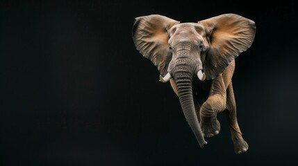Elephant jump on a black background. Flying animal. - obrazy, fototapety, plakaty