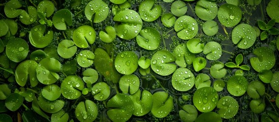 Glistening water droplets on a variety of lush aquatic plants in natural pond habitat - obrazy, fototapety, plakaty