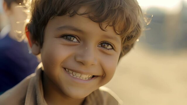 A young boy with a shy smile and bright eyes grateful for the safety and opportunities he has found after seeking asylum with his family, Close-Up of a Smiling Child