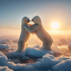 Foto op Plexiglas Two polar bears fight on cold ice sheet in morning sun  © robfolio