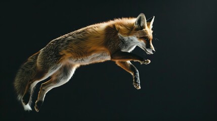 Fototapeta premium Fox jump on a black background. Flying animal. 