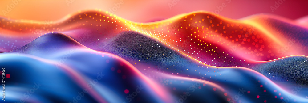 Poster vibrant waves of color flow in a futuristic design, symbolizing the dynamic intersection of technolo