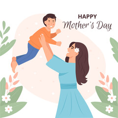 Happy Young Mother having fun with her son. Mum lifting kid up.Happy Mother's Day Greeting Card.Vector illustration