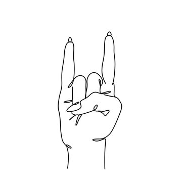 Goat rock symbol one line art. Sign of horns gesture continuous line drawing. Rock and roll woman hand sign, two fingers up. Heavy Rock Icon. Print on t-shirt. Isolated vector illustration. 