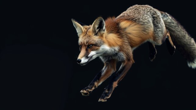 Fox jump on a black background. Flying animal.
