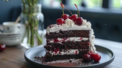 A decadent slice of black forest cake, layered with chocolate sponge cake, whipped cream, and...