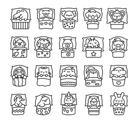 Cute sleeping animals in bed. Coloring Page. Night dream. Cartoon adorable characters. Hand drawn style. Vector drawing. Collection of design elements.