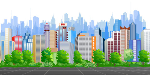 View to the central square of a large and modern city. Vector illustration.