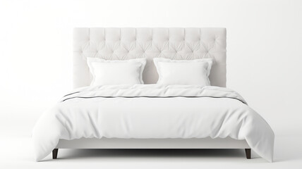 Fototapeta na wymiar Isolating a double bed with white pillows against a stark white background