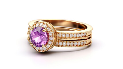 Elegant ring set in an isolated purple gemstone on a snow-white background