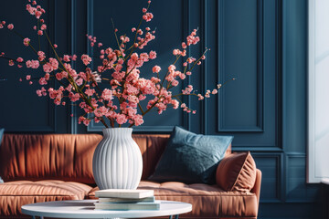 Livingroom with dark blue walls. We see a brown sofa with a white coffeetable in front of the sofa. There are cherry blossom flowers in a white vase on the coffeetable and two books underneath the vas - obrazy, fototapety, plakaty