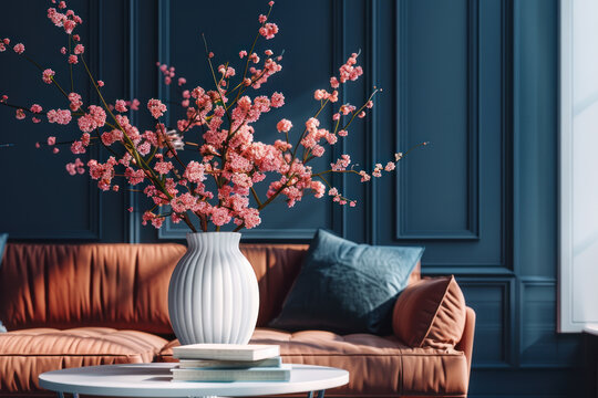 Livingroom with dark blue walls. We see a brown sofa with a white coffeetable in front of the sofa. There are cherry blossom flowers in a white vase on the coffeetable and two books underneath the vas