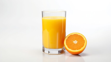 A glass of fresh orange juice isolated on a stark white background