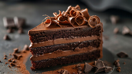 A decadent slice of triple chocolate cake, layered with rich chocolate ganache and topped with...