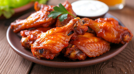 A delectable plate of buffalo wings, crispy and golden brown, served with a side of cool ranch dressing.