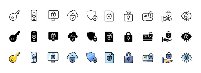 Key lock icons collection. Security lock design. Linear, silhouette and flat style. Vector icons