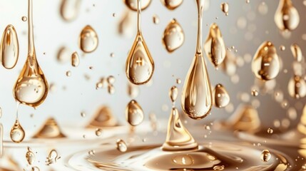 Golden Skincare Oil Drops with Air Bubbles on White Background