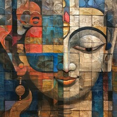 Cubism style depiction of Vishnu with abstract mosaic texture in colorful art painting
