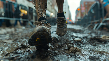 A close-up of a runner's feet wearing dirty and muddy running shoes shows the trail of the journey...