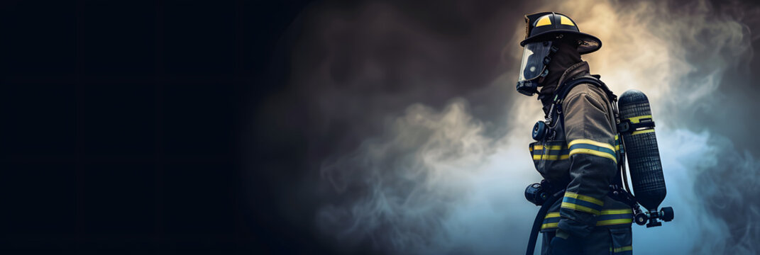 Fireman wearing firefighter turnouts and helmet. Dark background with smoke and blue light created 