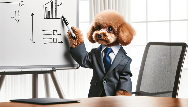 会議でプレゼンをする犬