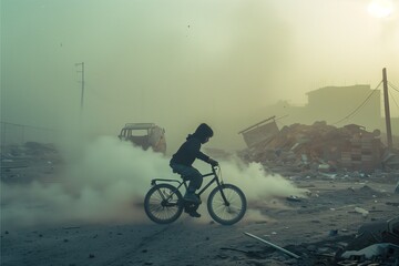 A young kid is riding a bike in the pollution air in a toxic environment which is bad for your health alone