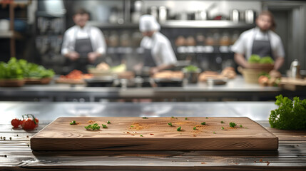 A wooden cutting board is placed on a counter in a commercial kitchen. Chefs are preparing food in the background.