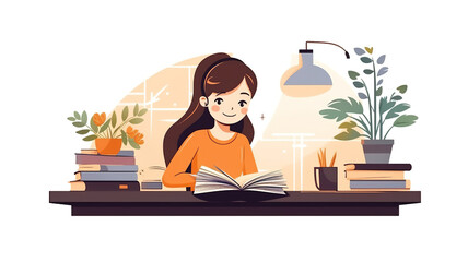 Girl reading a book on the desk isolated on pure white background