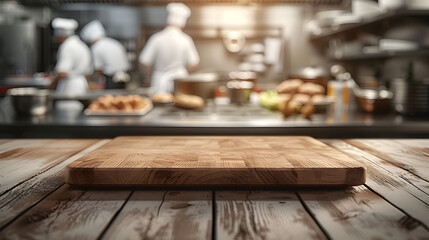 Fototapeta na wymiar A wooden cutting board is placed on a counter in a commercial kitchen. Chefs are preparing food in the background.
