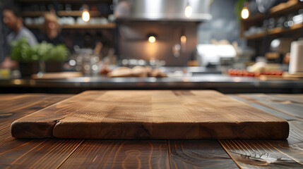 A wooden cutting board is placed on a counter in a commercial kitchen. Chefs are preparing food in...
