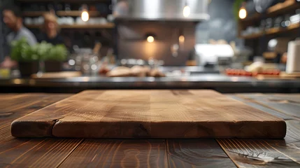 Tuinposter A wooden cutting board is placed on a counter in a commercial kitchen. Chefs are preparing food in the background. © wing