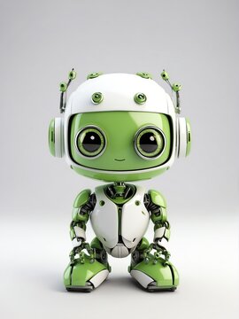 Cute smiling green small friendly robot in plain white background looking at camera from Generative AI