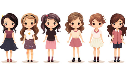 Girls in different character isolated on pure white background